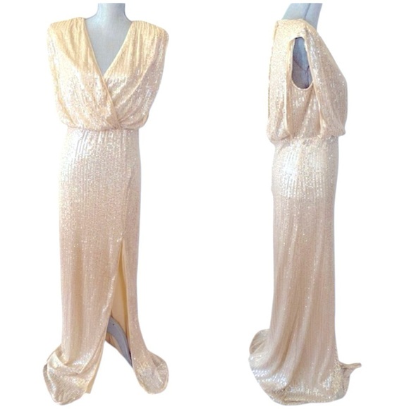 Lapis Dresses & Skirts - Lapis Sequin Champagne Maxi V Neck Dress with Slit Sparkle